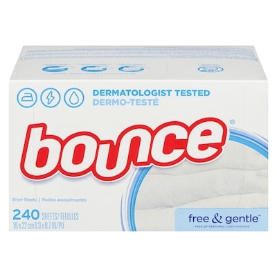 Bounce Feuilles assouplissantes Free & Gentle, feuilles d’assouplissant textile non parfumées, hypoallergéniques et dermo-testées, 240 feuilles 240 ea, 0,06 $/1ch