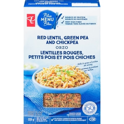 PC Blue Menu Red Lentil, Green Pea And Chickpea Orzo Rice-Shaped Pasta 225 g, $1.55/100g