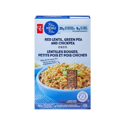 PC Blue Menu Red Lentil, Green Pea And Chickpea Orzo Rice-Shaped Pasta 225 g, $1.55/100g