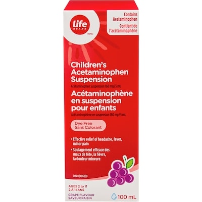 Life Brand Grape Flavour Children's Acetaminophen Suspension 160 mg 100 ml, $7.49/100ml