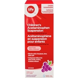 Life Acétaminophène en suspension pour enfants à 160 mg, saveur de raisin 100 ml, 8,49 $/100ml