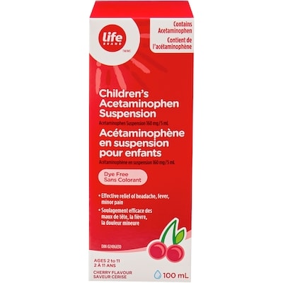 Life Brand Cherry Flavour Children's Acetaminophen Suspension 160 mg 100 ml, $6.00/100ml