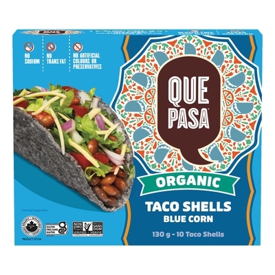Que Pasa Coquilles à tacos de maïs bleu biologique 130 g, 3,84 $/100g