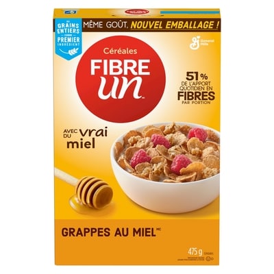 General Mills Fibre Un, Grappes de Miel, Céréales pour le Petit-Déjeuner Riches en Fibres et en Grains Entiers 475 g, 1,89 $/100g