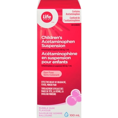 Life Brand Bubble Gum Flavour Children's Acetaminophen Suspension 160 mg 100 ml, $6.99/100ml