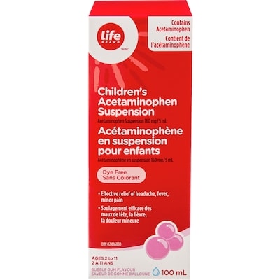 Life Acétaminophène en suspension pour enfants à 160 mg, saveur de gomme balloune 100 ml, 8,49 $/100ml