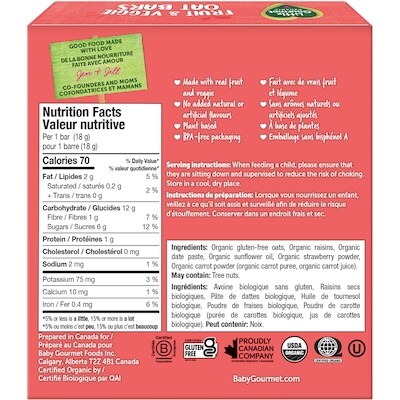 Barres à l'avoine bio fruits et légumes fraise et carotte