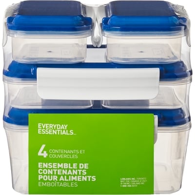 Everyday Essentials Ensemble de huit boîtes à lunch empilables – Bleu et blanc 4 ea, 3,50 $/1ch