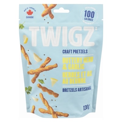 Twigz Bretzels artisanal herbes et ail au beurre 130 g, 3,84 $/100g
