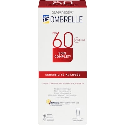 Garnier Soin complet lotion écran solaire pour peaux sensibles sensibilité avancée fps 60 uva + uvb 90 ml, 23,32 $/100ml