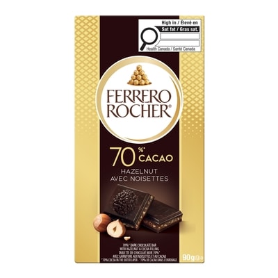 Ferrero Rocher Premium Chocolate Bar, 70% Cacao Dark Chocolate with Hazelnut 90 g, $5.54/100g