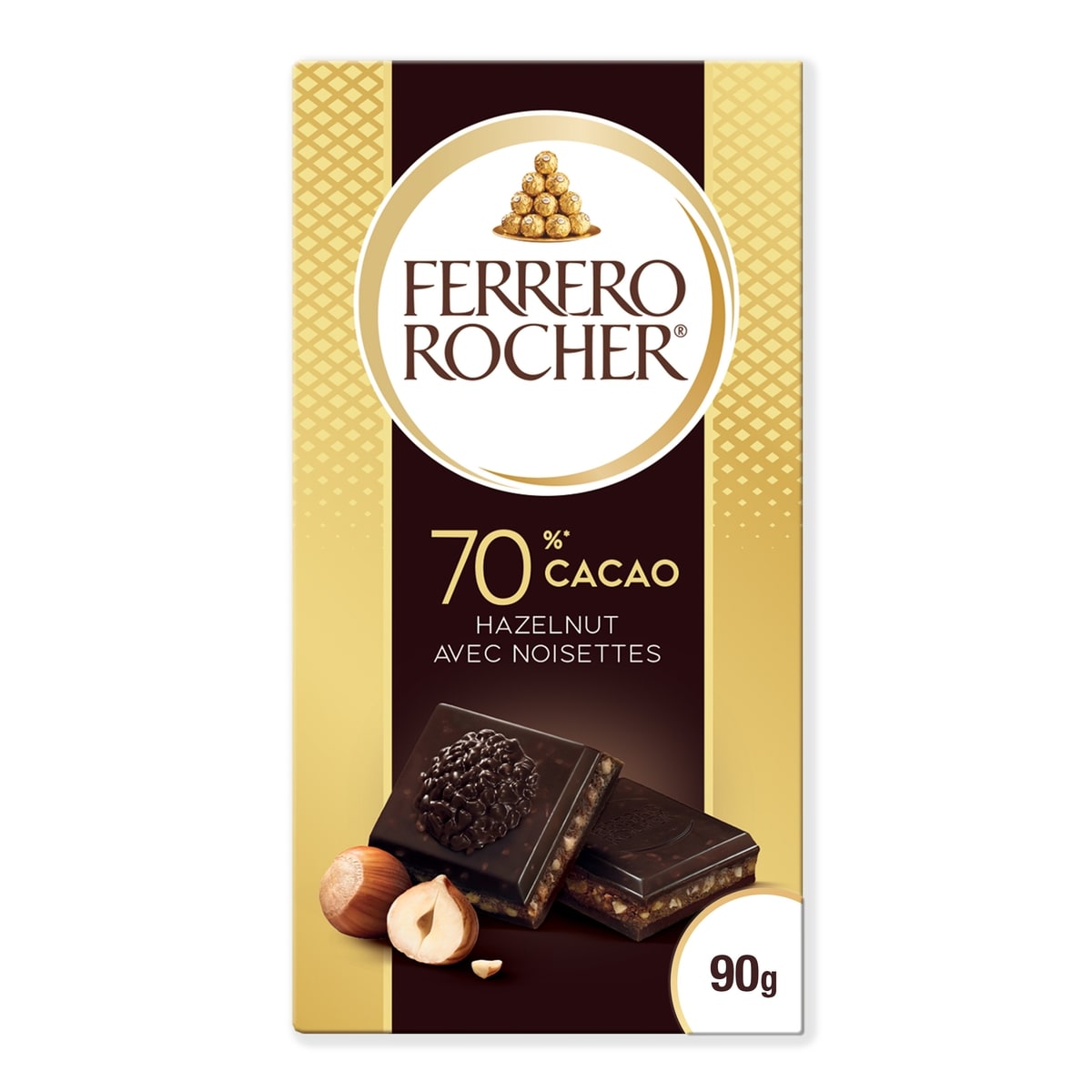 FERRERO ROCHER Premium Chocolate Bar, 70% Cacao Dark Chocolate with Hazelnut 90 g, $4.43/100g