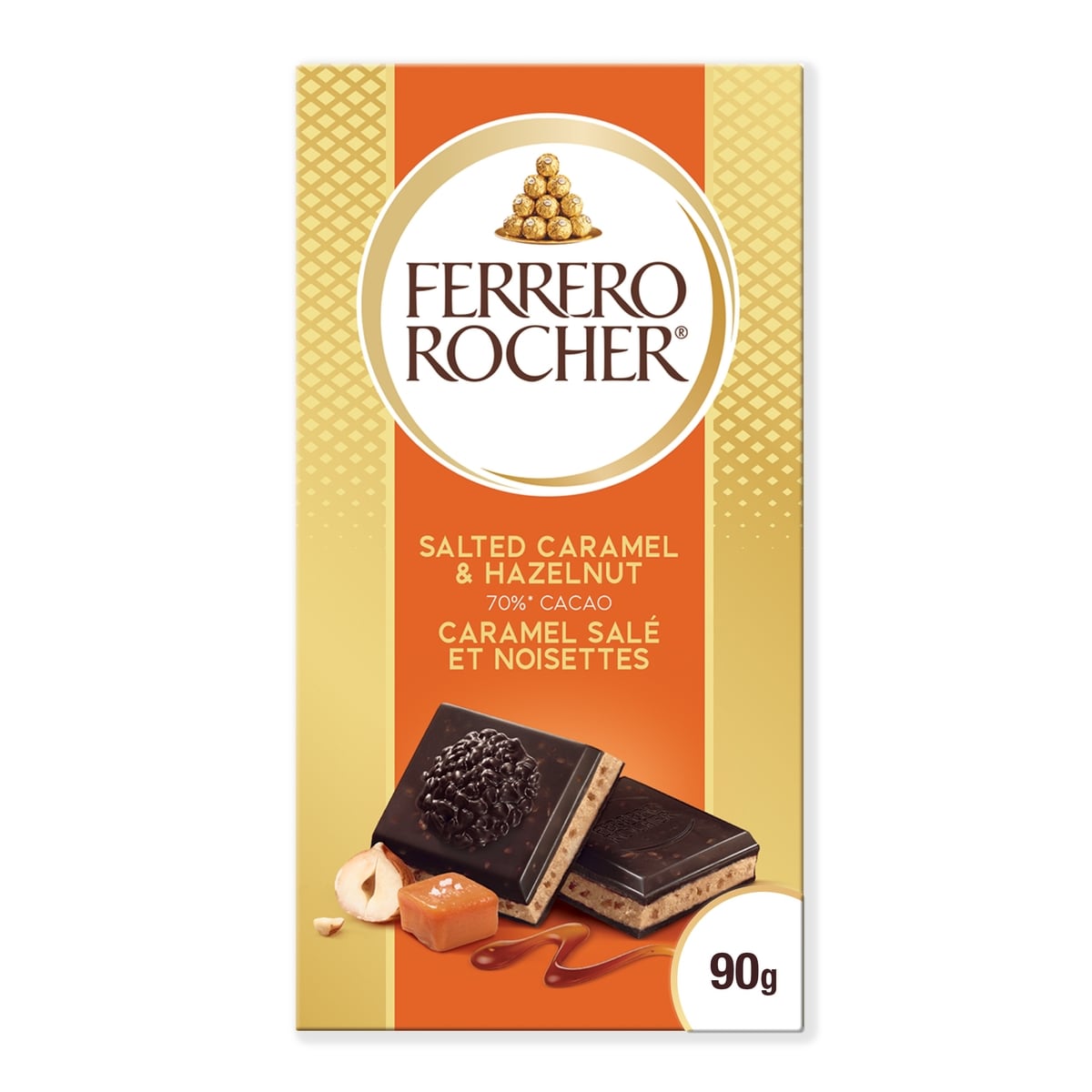 FERRERO ROCHER Premium Chocolate Bar, Salted Caramel and Hazelnut 70% Cacao Dark Chocolate 90 g, $4.43/100g