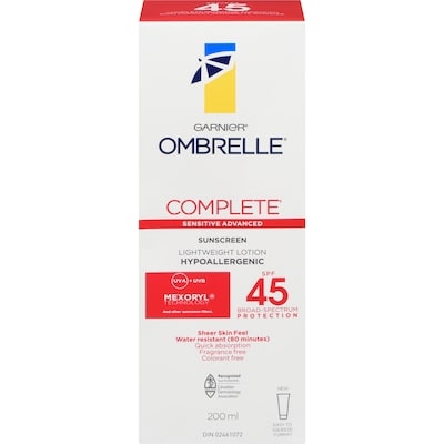Garnier Ombrelle Complete Dry Touch Sunscreen SPF45 200 ml, $12.50/100ml