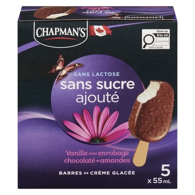 Chapman’s Sans sucre ajouté sans lactose barres de crème glacée Vanille avec enrobage chocolaté et amandes 5x55.0 ml, 3,09 $/100ml