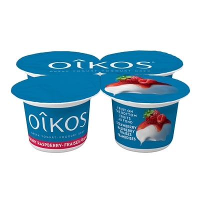 Oikos Greek Yogurt, Strawberry-Raspberry, Fruit on the Bottom, 2% M.F. 4x100.0 g, $1.20/100g