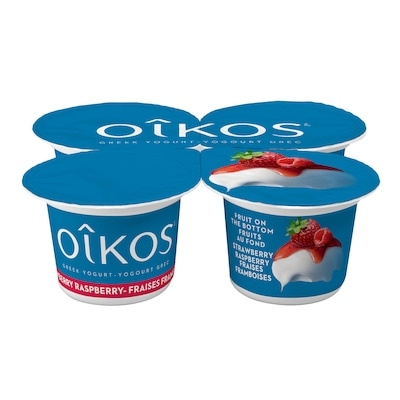 Oikos Greek Yogurt, Strawberry-Raspberry, Fruit on the Bottom, 2% M.F. 4x100.0 g, $1.25/100g