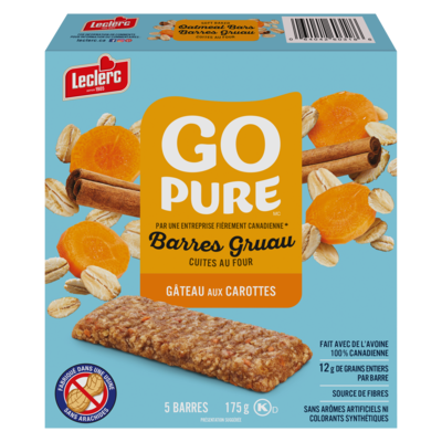 Leclerc Go Pure barres gruau gâteau aux carottes 5 barres 175 g, 2,17 $/100g