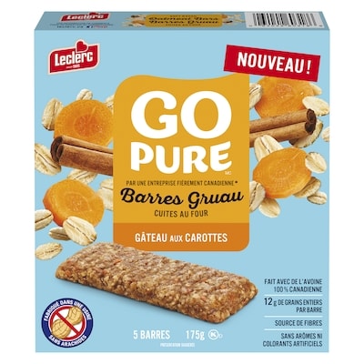 Leclerc Go Pure barres gruau gâteau aux carottes 5 barres 175 g, 2,71 $/100g