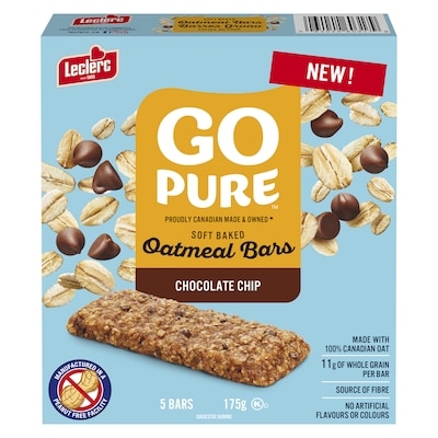 Leclerc Go Pure Soft Baked Chocolate Chip Oatmeal Bars 175 g, $2.00/100g
