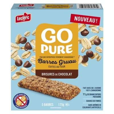 Leclerc Barres Gruau cuites au four aux brisures de chocolat Go Pure 175 g, 2,45 $/100g