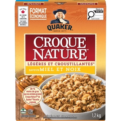 Quaker Céréales granola Croque nature Légères et croustillantes Saveur Miel et noix 1.2 kg, 1,12 $/100g