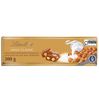 Lindt SWISS CLASSIC Gold Barre de chocolat au lait à la noisette 300 g, 4,50 $/100g