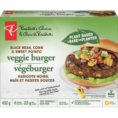 President's Choice Plant Based Black Bean, Corn and Sweet Potato Veggie Burgers 452 g, $1.55/100g