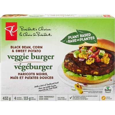 le Choix du Président Végéburger à base de plantes haricots noirs, maïs et patates douces 452 g, 1,55 $/100g