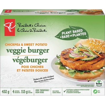 President's Choice Plant Based Chickpea and Sweet Potato Veggie Burgers 452 g, $1.55/100g