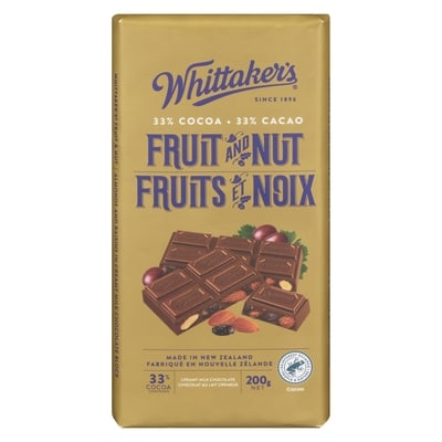 Whittaker’s Fruits Et Noix Chocolat Au Lait Crémeux 200 g, 3,50 $/100g