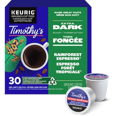 Timothy’s Capsules K-Cup de café Espresso forêt tropicale, torréfaction très foncée, 30 unités 30 ea, 0,67 $/1ch