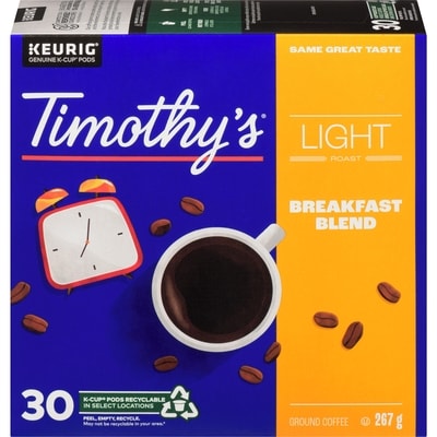 Timothy's Breakfast Blend, Light Roast, K-Cup Coffee Pods, 30 Count 30 ea, $0.63/1ea