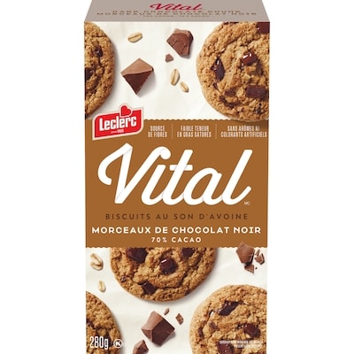 Leclerc Morceaux De Chocolat Noir 70 % Cacao Biscuits Au Son D'Avoine 280 g, 1,79 $/100g