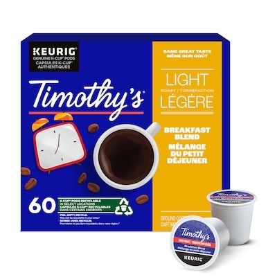 Timothy’s Mélange du petit déjeuner capsules K-Cup de café, 60 unités, pour les cafetières Keurig 60 ea, 0,60 $/1ch