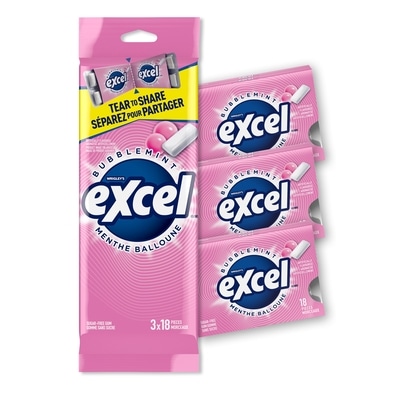 Wrigley’s Excel Menthe balloune, gomme à mâcher sans sucre, 18 morc., 3 emb. 3 ea, 1,66 $/1ch