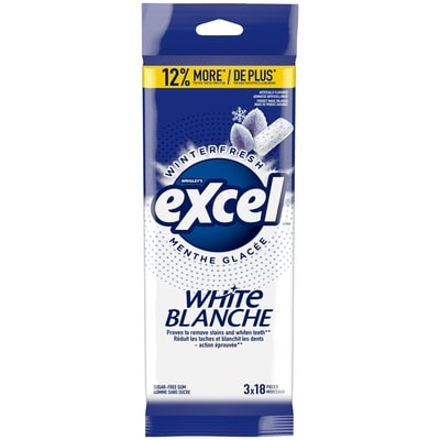 Wrigley’s Excel Wht, M. glac., gomme sans sucre, blanch. dents, 18 morc., 3 emb. 3 ea, 1,17 $/1ch