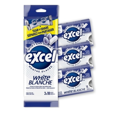 Wrigley’s Excel Wht, M. glac., gomme sans sucre, blanch. dents, 18 morc., 3 emb. 3 ea, 1,17 $/1ch