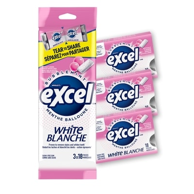 Wrigley’s Excel Wht, M. bal., gomme sans sucre, blanch. dents, 18 morc., 3 emb. 3 ea, 1,66 $/1ch