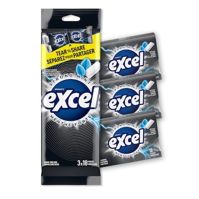 Wrigley's Excel Strong Mint Flavoured Sugar Free Chewing Gum, 18 Pieces, 3 Packs 3 ea, $1.50/1ea