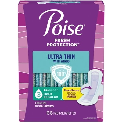 Poise Serviettes d’incontinence ultraminces pour femmes régulière, 66 unités 66 ea, 0,33 $/1ch