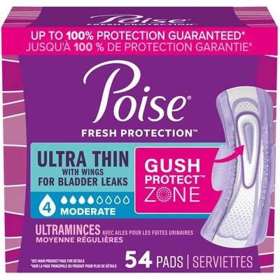 Poise Serviettes avec ailes ultraminces d’incontinence et d’incontinence en période post-partum pour fuites urinaires, degré d’absorption moyen à 4 gouttes, longueur régulière, 54 unités 54 ea, 0,34 $/1ch