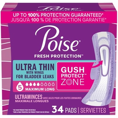 Poise Serviettes avec ailes ultraminces d’incontinence et d’incontinence en période post-partum pour fuites urinaires, degré d’absorption maximal à 5 gouttes, version longue, 34 unités 34 ea, 0,59 $/1ch
