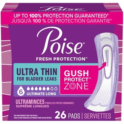 Poise Serviettes ultraminces d’incontinence et d’incontinence en période post-partum pour fuites urinaires, degré d’absorption suprême à 6 gouttes, longues, 26 unités 26 ea, 0,81 $/1ch