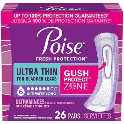 Poise Serviettes ultraminces d’incontinence et d’incontinence en période post-partum pour fuites urinaires, degré d’absorption suprême à 6 gouttes, longues, 26 unités 26 ea, 0,71 $/1ch