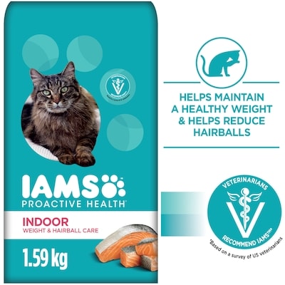 Iams Cat Food, Proactive Health Adult Dry  Indoor Weight & Hairball Care with Salmon 1.59 kg, $1.07/100g