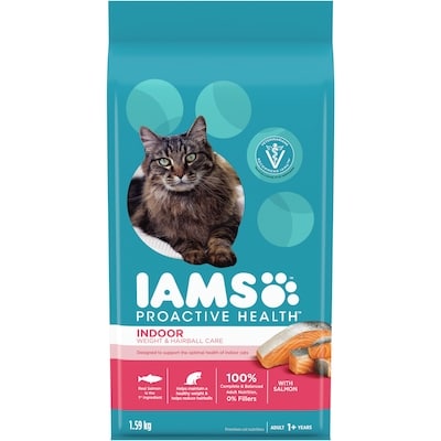 Iams Nourriture pour chats Proactive Health Chat d’intérieur Contrôle du poids et des boules de poils avec saumon 1.59 kg, 1,13 $/100g
