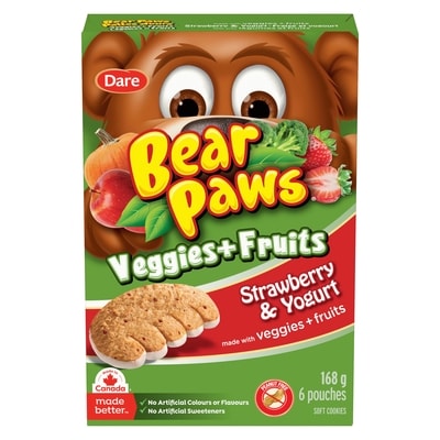 Dare Bear Paws Veggies + Fruits Strawberry & Yogourt Cookies 168 g, $2.38/100g