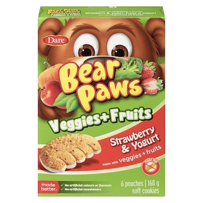 Dare Bear Paws Veggies + Fruits Strawberry & Yogourt Cookies 168 g, $2.38/100g