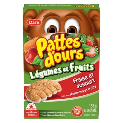 Dare Biscuits Pattes d’ours Légumes et fruits Fraise et yogourt 168 g, 2,38 $/100g